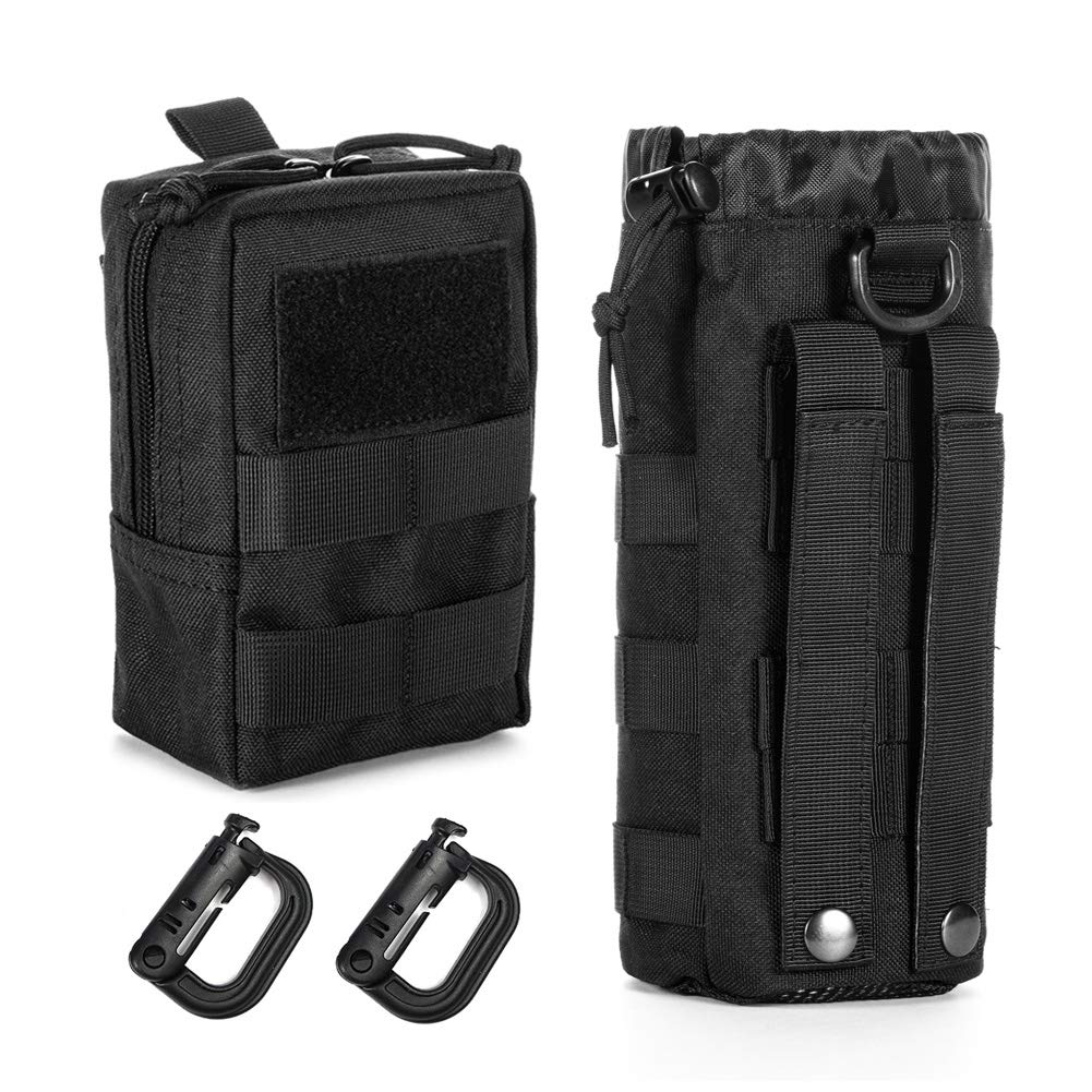 Upgraded Sports Water Bottles Pouch Bag, Tactical Drawstring Molle Water Bottle Holder Tactical Pouches, Travel Mesh Water Bottle Bag Tactical Hydration Carrier (Black_WaterPouch-Small Pouch)
