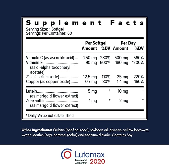 AREDS2 Based Eye Vitamin-Mineral Supplement (120 ct. 60 Day Supply) - AREDS2 Based Supplement for Eyes - Low Zinc Formula - Eye Vision Supplement and Vitamin