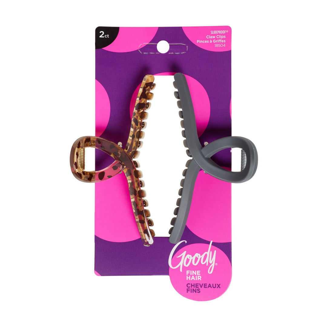 Goody SlideProof Ribbon Claw Clips - 2 Ct, Black & Tortoise Shell, Secure Grip Loop Hair Styling Accessories for Women & Men, for Thin & Fine Hair
