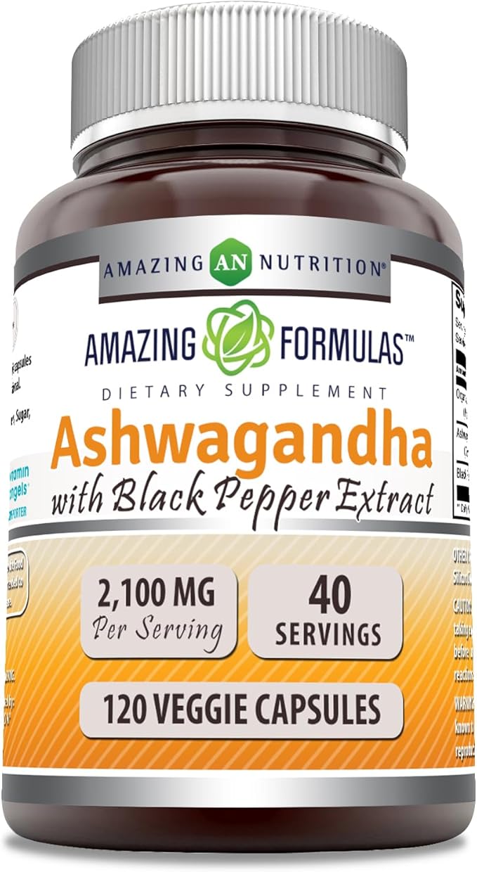 Amazing Formulas Ashwagandha Root with Black Pepper Extract Supplement | 2100 Mg Per Serving | 120 Veggie Capsules Supplement | Non-GMO | Gluten-Free | Made in USA