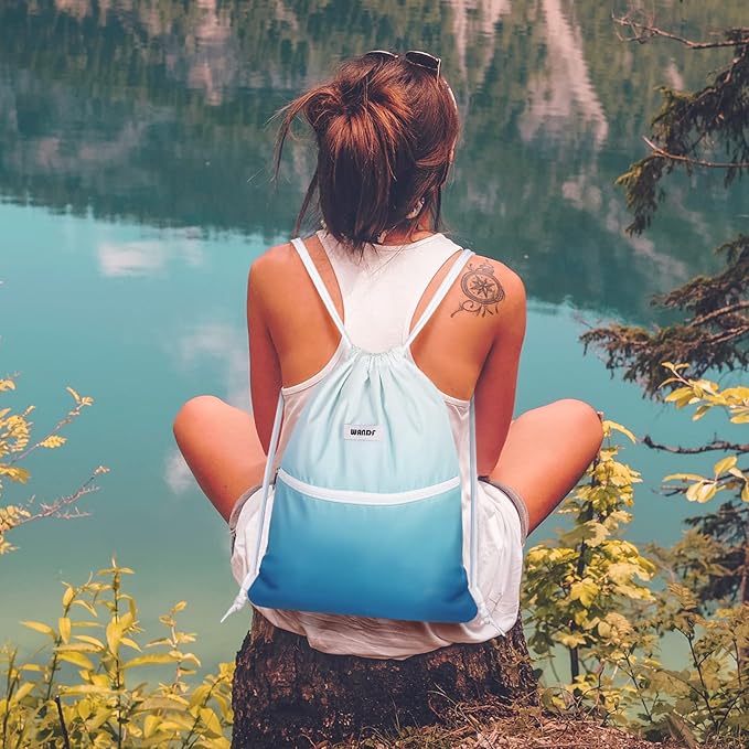WANDF Drawstring Backpack String Bag Sackpack Cinch Water Resistant Nylon for Sport Yoga Gym Shopping (Blue Gradient)
