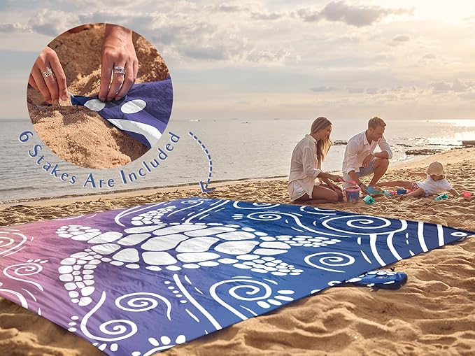 WEKAPO Beach Blanket Waterproof Sandproof Oversized Extra Large Sand Free Beach Mat with Stakes, Storage Bag - Essentials for Outdoor Beach, Picnic (Deep Blue Sea Turtle, 11 X 9 FT (1~10 Person))