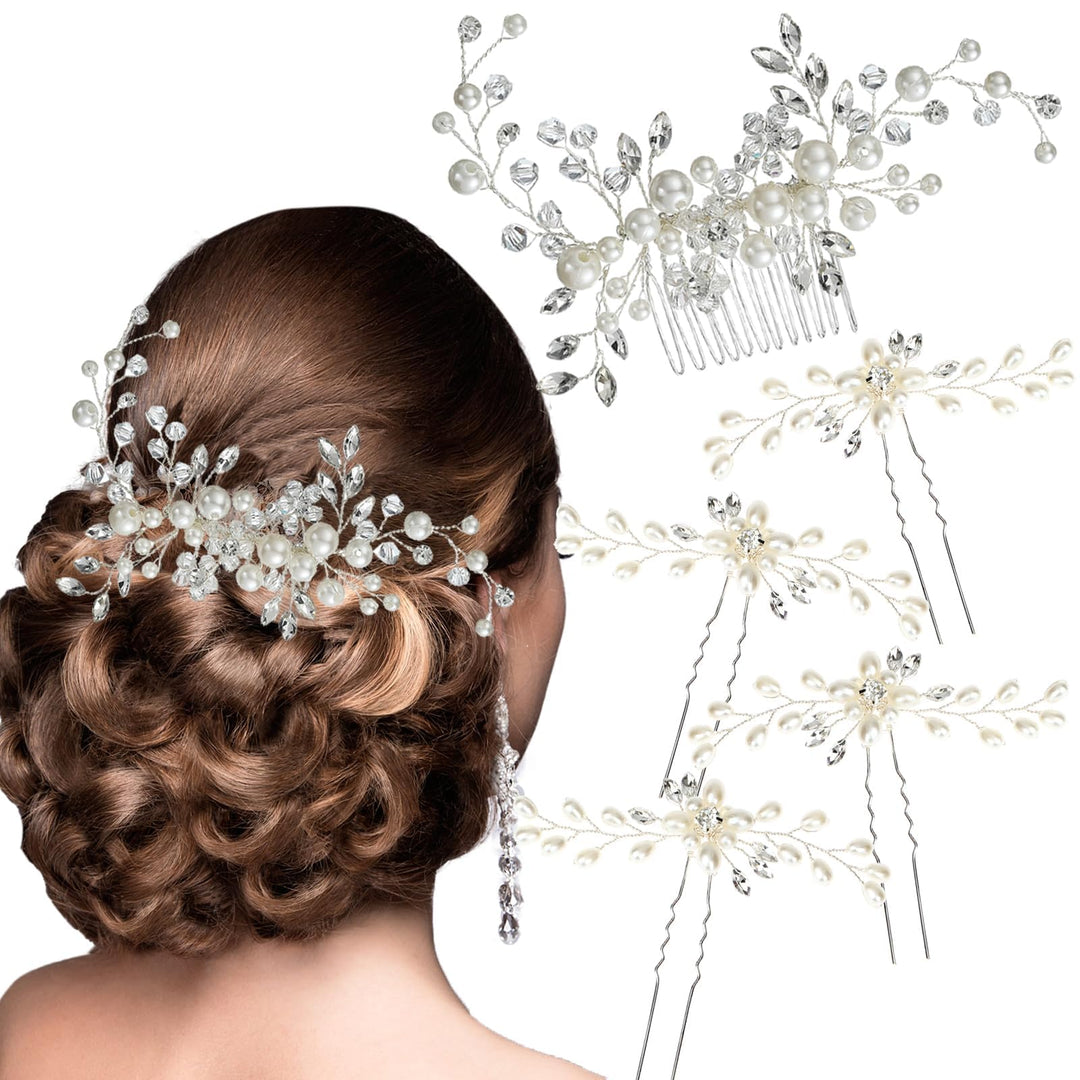 5 Pieces Wedding Hair Accessories: Pearl Crystal Rhinestone Hair Comb, Hair Pins for Brides, Bridesmaids, Women, Girls (Silver, Gold)