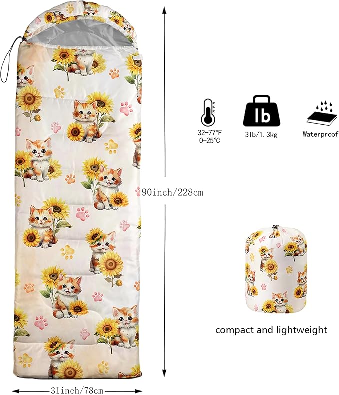 AILONEN Cartoon Fox Camping Sleeping Bag for Boys Girls Adults,Lightweight & Waterproof,3 Season Warm & Cold Weather,Portable,Kawaii Fox Printed Sleeping Bag,Traveling,Camping,Hiking