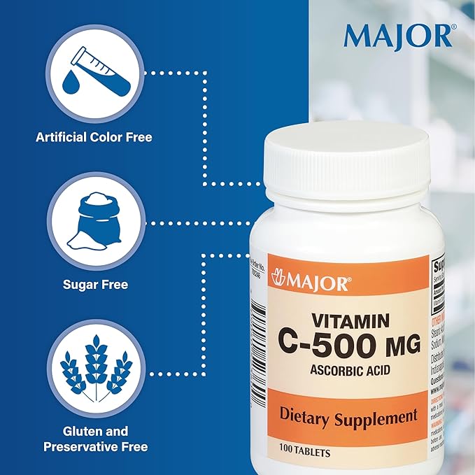 MAJOR Vitamin C-500 mg Ascorbic Acid - Vitamin C Tablets - Dietary Supplement - 100 Tablets