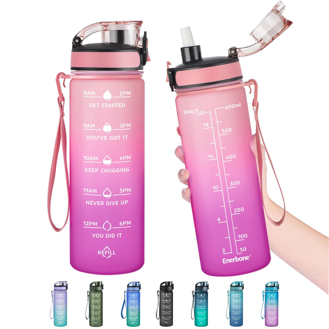 Enerbone 24 oz Water Bottle, Leakproof BPA & Toxic Free, Motivational Water Bottle with Times to Drink and Straw, Fitness Sports Water Bottle with Strap for Office, Gym, Outdoor Sports