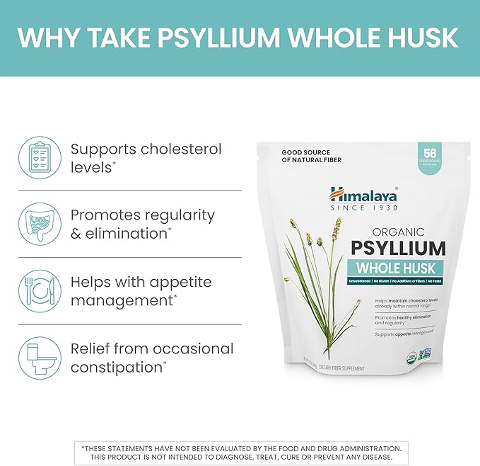 Himalaya Organic Psyllium Whole Husk, Natural Daily Fiber Supplement, Regularity, Appetite Management, USDA Certified Organic, Non-GMO, 56-Tablespoon Supply, Unflavored, 12 Oz