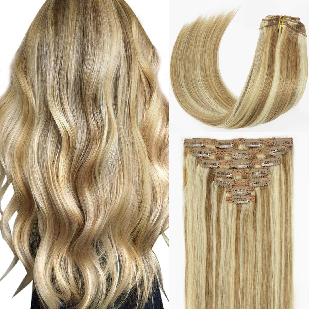 Caliee 120G Clip In Hair Extensions Human Hair For Women Double Weft Lace Clip In Golden Brown #10 Mixed Bleach Blonde #613 Colo