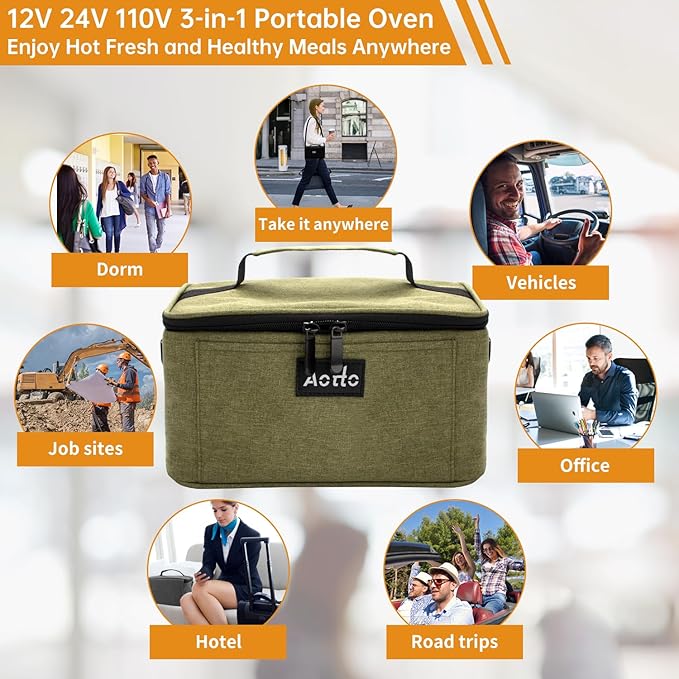 Aotto Portable Oven, Electric Lunch Box Food Heater - 12V/24V/110V 3-in-1 Car Food Warmer - Heated Lunch Box for Adults - Cook, Reheat & Keep Meals Warm for Car, Truck, Travel, Work, Home - Green