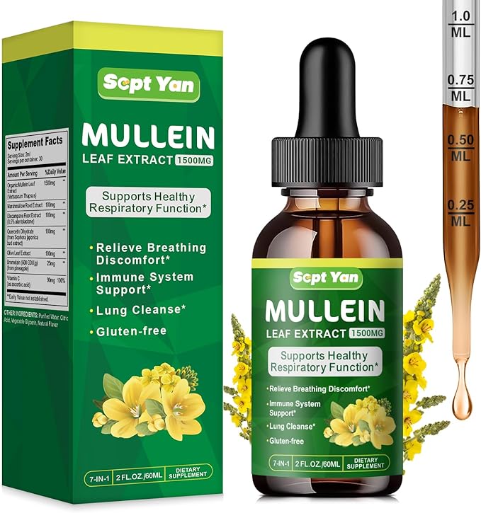 Mullein Drops for Lungs - 1500mg Mullein Leaf Extract Liquid Organic Herbal Supplement Support Lung Detox & Cleanse, Immune, Respiratory Function for Healthy Breathing - Natural Flavor, 2 Fl Oz, Vegan