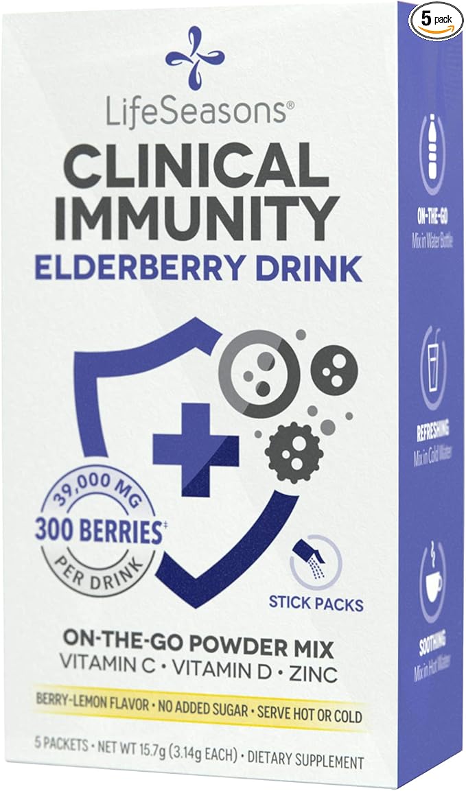 LifeSeasons Clinical Immunity - Elderberry Drink Mix - Protects & Fights for Healthy Immune Response - Immunity Booster - 3X Better Than Vitamin C - Serve Hot or Cold - Vitamin C + D + Zinc - (5 Pack)
