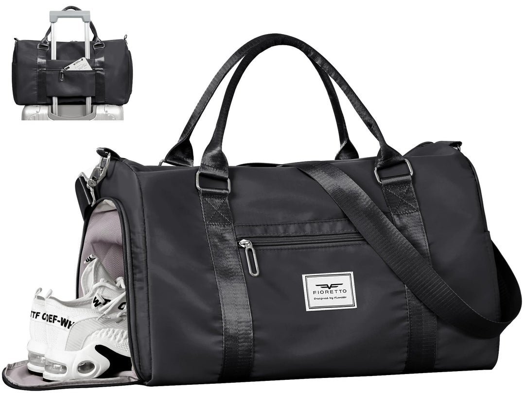 FIORETTO Womens Gym Tote Duffle Bag with Wet Pocket & Shoe Compartment, Sports Duffel Overnight Weekender Hospital Workout Carry on Bag for Girls, Ideal for Travel, Swimming, Dance, Ballet Black