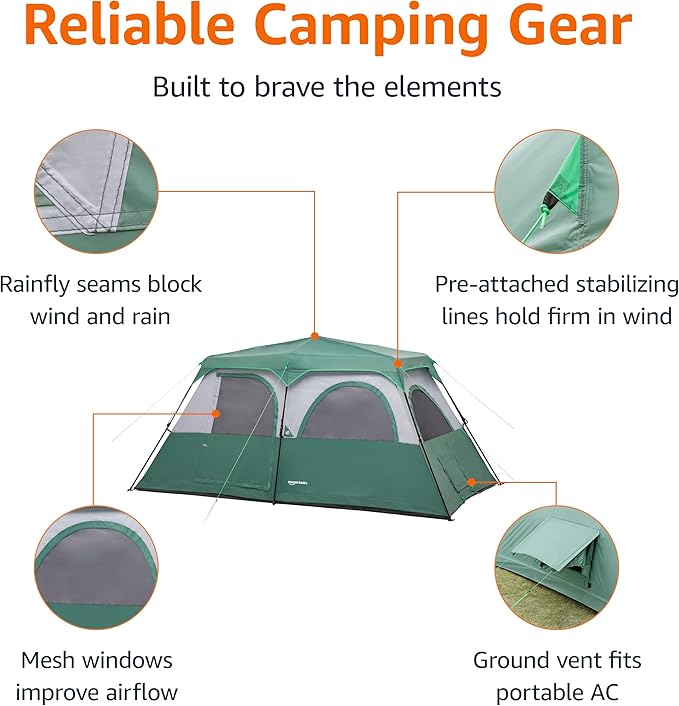 Amazon Basics Instant Camping Tent with Rainfly, Weather-Resistant, Quick Setup