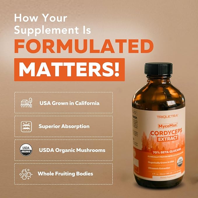 Organic Cordyceps Mushroom Extract - 70% Beta Glucans - Highest Active Nutrient Levels, Max Potency Cordyceps Tincuture, US Grown + Ultrasonic Extraction - Performance, Immunity and Energy - 8 oz.