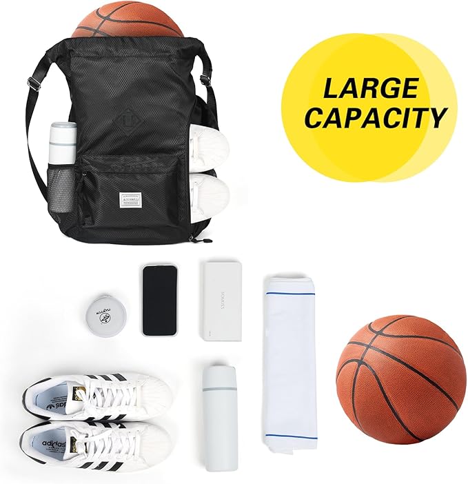 ALUSBELL Large Drawstring Backpack Bag, Sports Gym Bag String Sackpack with Shoes Compartment, Waterproof String Bag Cinch for Women Men(Black)