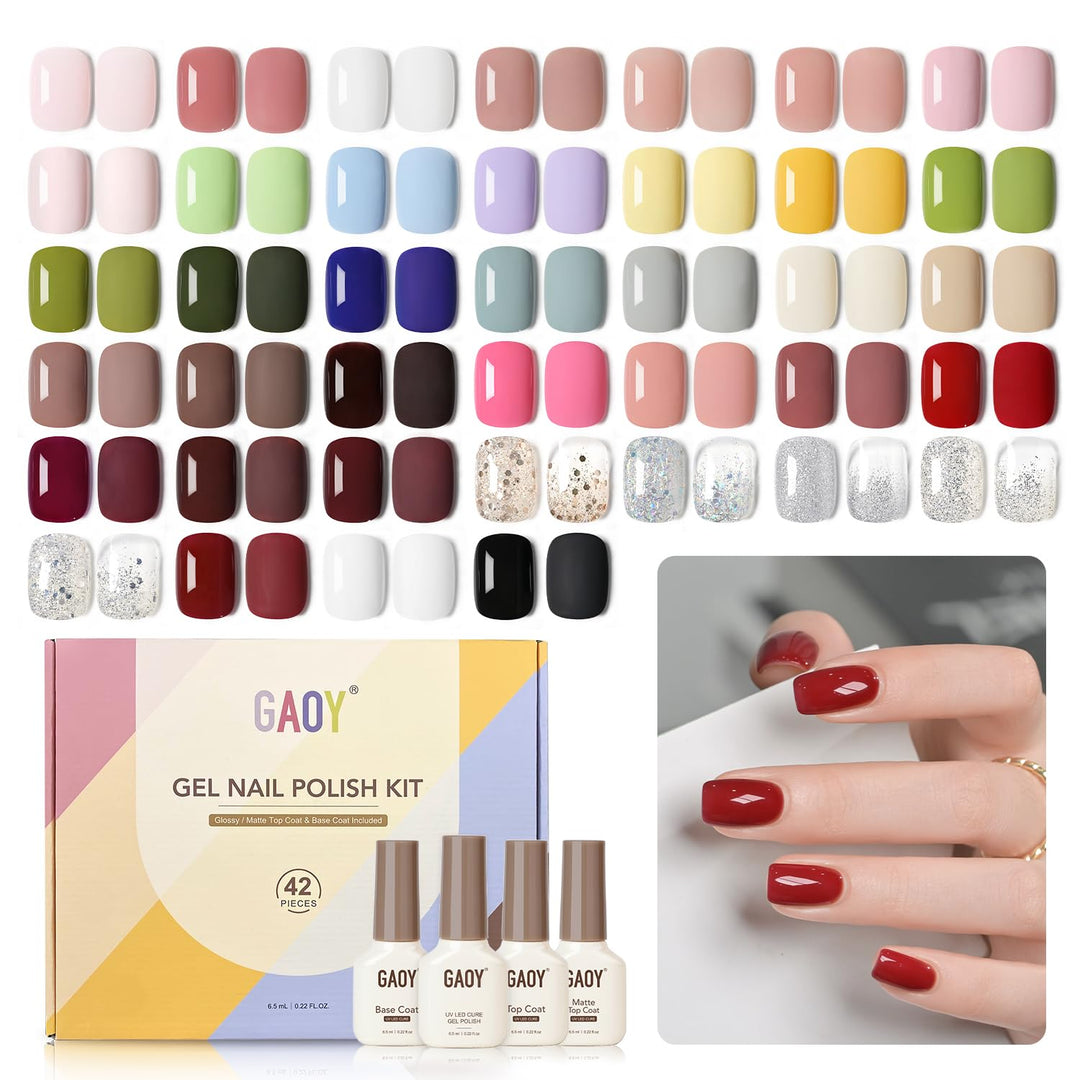 GAOY 42 Pcs Gel Nail Polish Kit, Jelly Pink Glitter Green Burgundy Red Blue Colors All Seasons Gel Nail Polish Set with Glossy & Matte Top Coat and Base Coat for Salon and DIY Manicure at Home