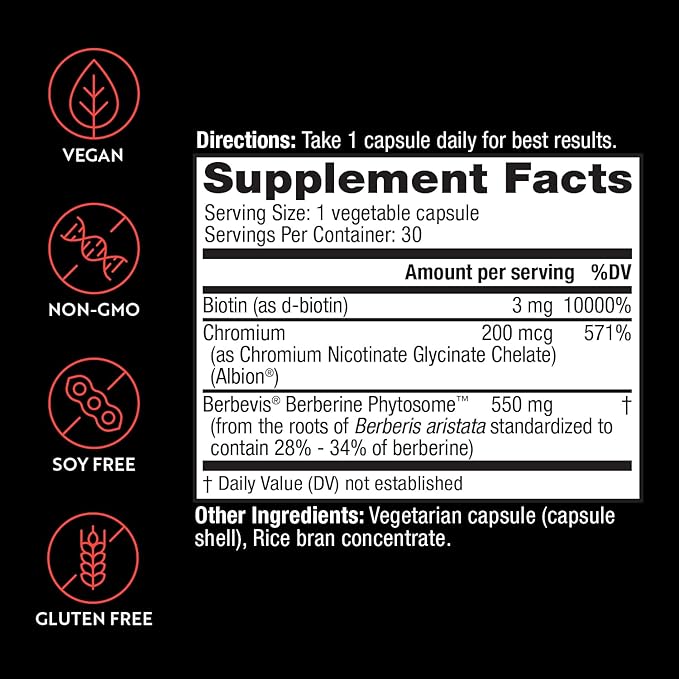 Berberine, 550 mg Patented Berbevis Berberine Phytosome Plus Biotin and Chromium, Enhanced Absorption, Gluten-Free, Vegan, 30 Veggie Caps