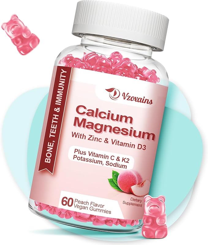 High Absorption Calcium Gummies, Sugar Free Calcium Magnesium Zinc Gummies with Vitamin D3 for Men and Women, Peach Flavored 60 Cts