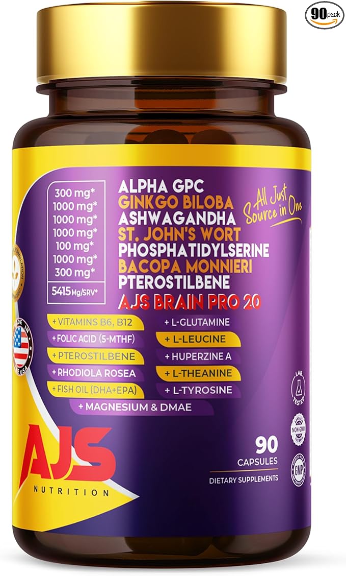 AJS Alpha GPC Nootropic Brain Supplement,Phosphatidylserine,St. John'sWort Ginkgo Biloba,Ashwagandha,Bacopa Monnieri,Pterostilbene,Magnesium Glycinate,Ginkgo Biloba,5-MTHF,Huperzine A 60CT,90 capsules