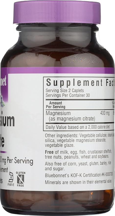 Bluebonnet Nutrition Magnesium Citrate (400mg of Magnesium)- Maximum Absorption - Supports Immune Health & Energy Production - Soyfree, Gluten-Free, Non-GMO, Kosher, Dairy Free, Vegan, 60 Caplets