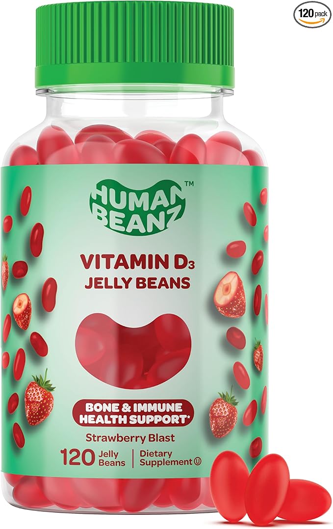 Vitamin D3 Jelly Bean Gummies for Adults, Immunity Support, 2000 IU Vitamin D, Nutritional Vegetarian Supplements, 120 Strawberry Blast Jelly Beans, Kosher