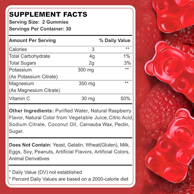 Potassium Magnesium Gummies for Adult Kids High Absorption Leg Cramps & Muscle Health Immune Health Raspberry Magnesium Gummies Chewable Gummy Supplement Vegan Non-GMO