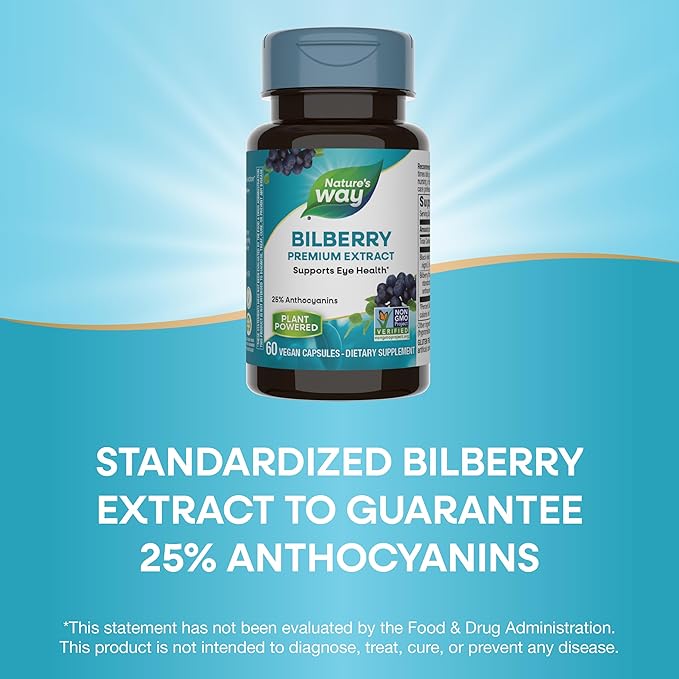 Nature's Way Bilberry Premium Extract, Supports Eye Health*, Eye Health Supplement for Adults with Black Elderberry*, Gluten Free, Vegan, 60 Capsules (Packaging May Vary)