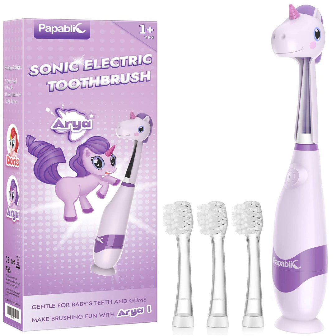 Papablic Toddler Sonic Electric Toothbrush for Ages 1-3 Years, Baby Electric Toothbrush with Cute Unicorn Cover and Smart LED Timer, 4 Brush Heads (Arya)