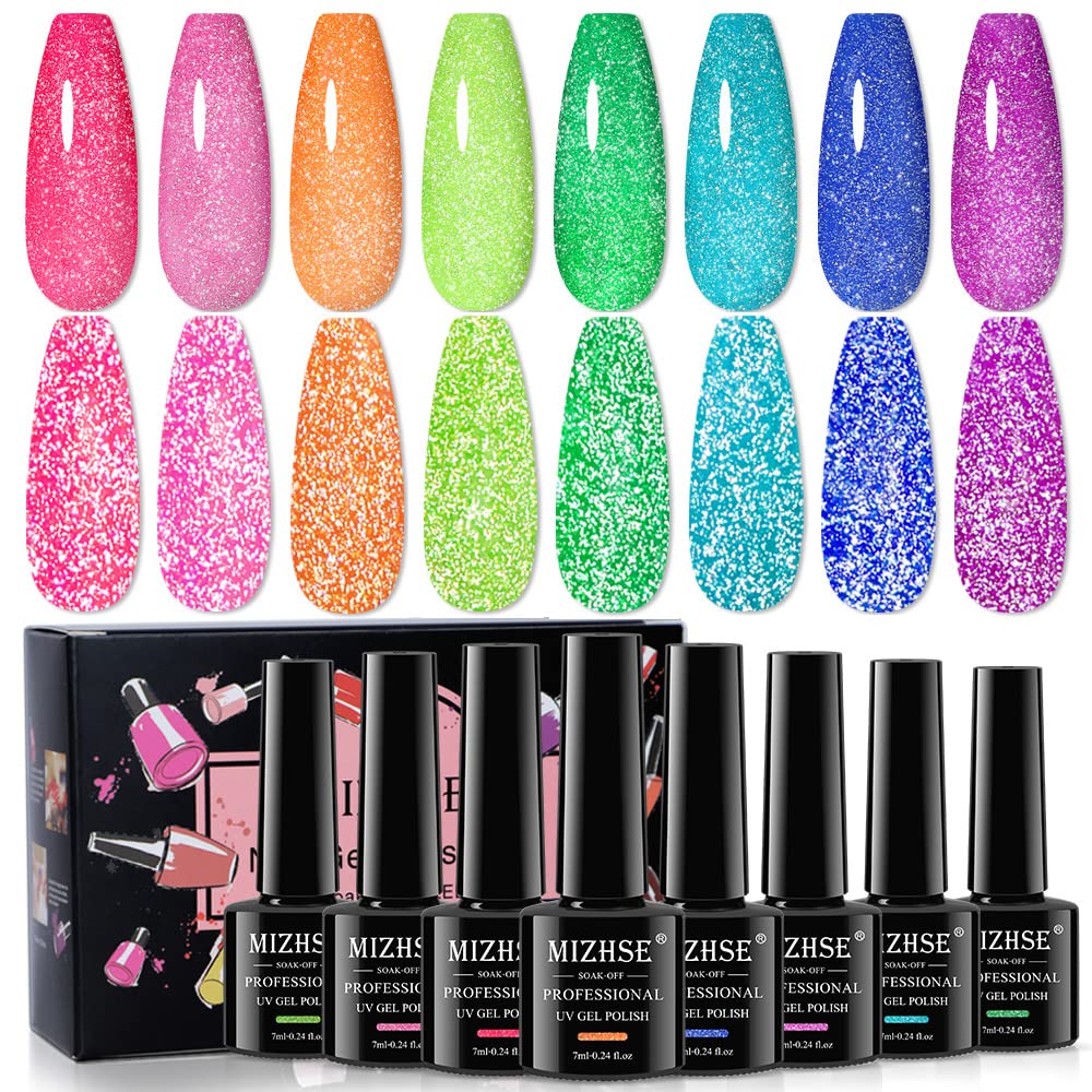 Mizhse Neon Reflective Gel Polish Set,Sparkly Shiny Disco Shimmer Nail Polish Gel Kit Fluorescent Bright Uv Led Soak Off Glitter