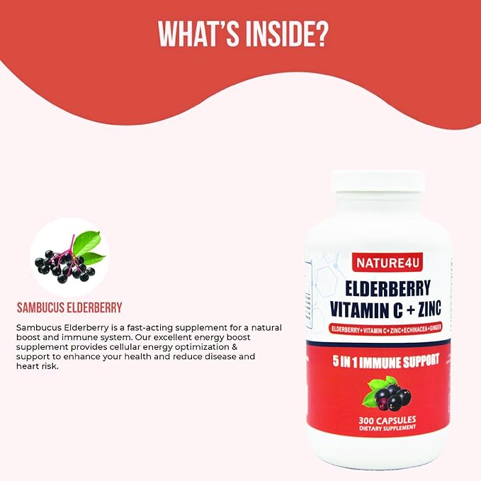 5 in 1 Elderberry Immune Support Supplement, Daily Immune Boosters for Adults Antioxidants Supplement, Elderberry 1000 mg, Vitamin C, Zinc, Echinacea, Ginger, 300 Vegan Capsules - 5 Month