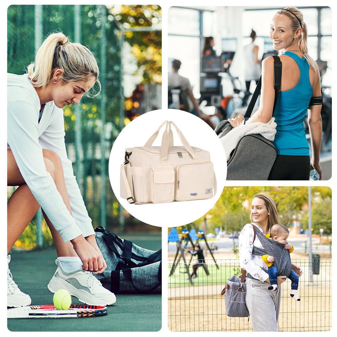 FIORETTO Women's Water-Resistant Gym Duffle Bag with Shoes Compartment, 37L Capacity, Multi-Functional, Ideal for Travel, Gym, Sports, Weekender, Beige