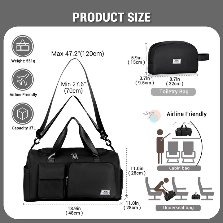 FIORETTO Women's Water-Resistant Gym Duffle Bag with Shoes Compartment, 37L Capacity, Multi-Functional, Ideal for Travel, Gym, Sports, Weekender, with Toiletry Bag, Black