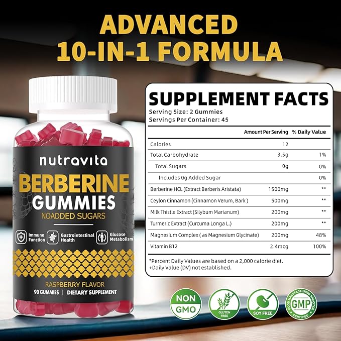 Berberine Gummies with Ceylon Cinnamon 1500mg High Potency Berberine HCL Supplement for Immune and Metabolism Support, Sugar Free Organic Berberine Gummies Raspberry Flavor