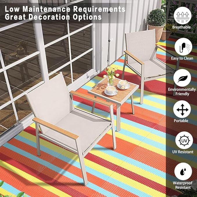 Outdoor Waterproof Rug 5'x8' Plastic Straw Rugs Washable Reversible Floor Mat Rainbow Stripe Carpet for Camping RV Deck Entryance Porch Picnic Balcony Beach Backyard