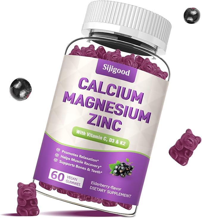 Calcium Magnesium Zinc Gummies with Vitamin C D3 K2, Calcium Gummies for Bone, Muscle, Calm & Zzz Support, High Absorption Formula with Magnesium Zinc Folate Potassium, Elderberry Flavored 60 Counts