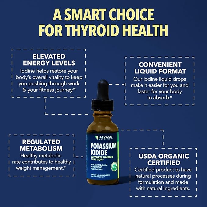 Iodine Liquid Drops - USDA Organic Potassium Iodide Supplement for Thyroid Health, Hormone Balance, and Metabolism Support - 1-Year Supply - Vegan, Non-GMO Gluten-Free - Unflavored, 1 Fl Oz