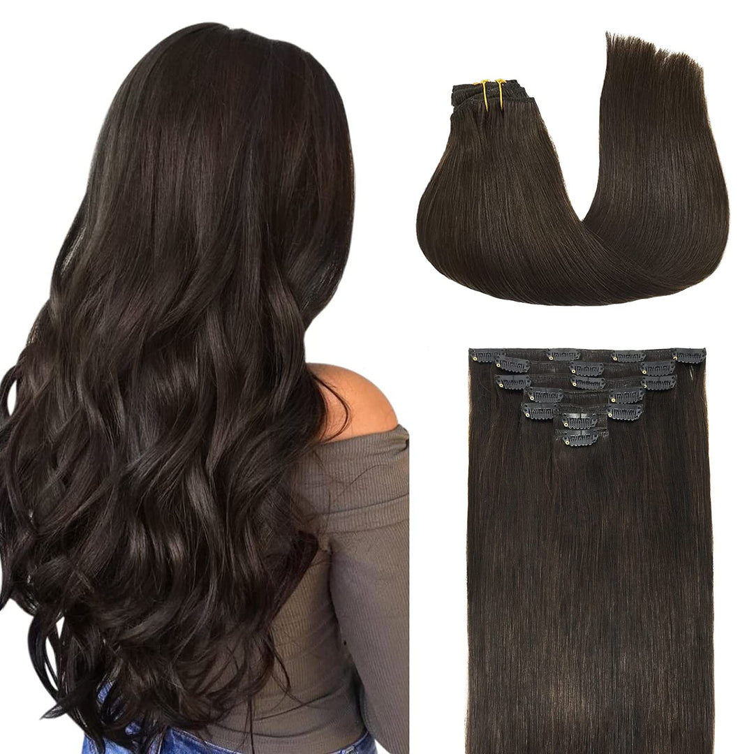 Doores Human Hair Extensions Clip In Dark Brown 120G 7Pcs 14 Inch Clip In Hair Extensions Remy Natural Human Hair Straight