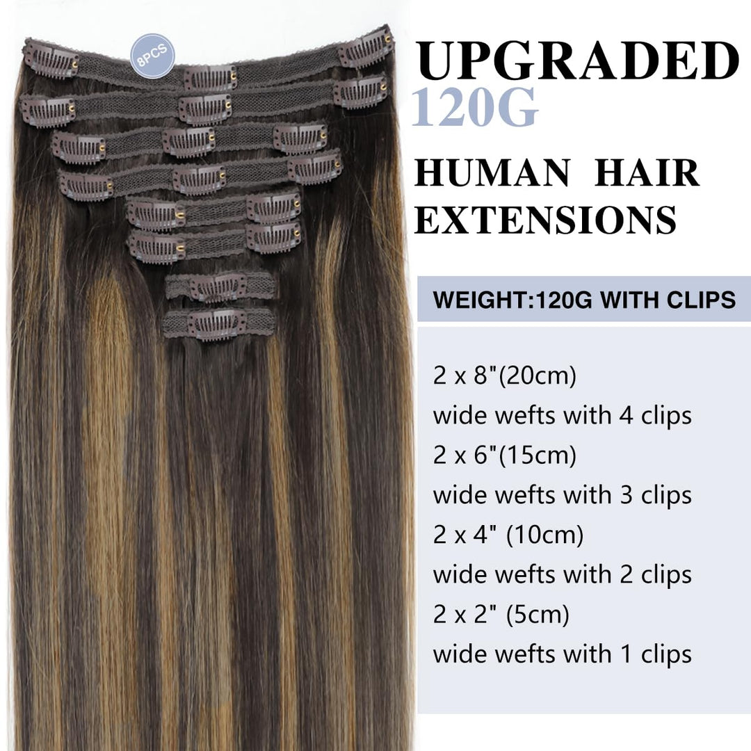 Pobokix Straight Clip In Hair Extensions Real Human Hair 8Pcs Clip In Balayage Dark Brown to Chestnut Brown Human Hair Extensions with 18Clips Lace Weft 120g 14inch