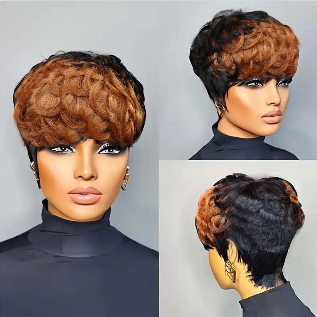VRZ Short Curly Pixie Cut Wig Human Hair Short Wigs for Black Women pixie cut wigs human hair Short Human Hair Pixie Cut Glueless Wig Short Wigs Natural Curly with Brown R1B/30