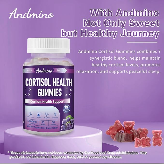 Cortisol Gummies for Women & Men, for Stress Relief & Sleep, Nighttime Cortisol Balance Support, with Trehalose, Non-GMO, Vegan, Gluten Free, Grape Flavor, 60