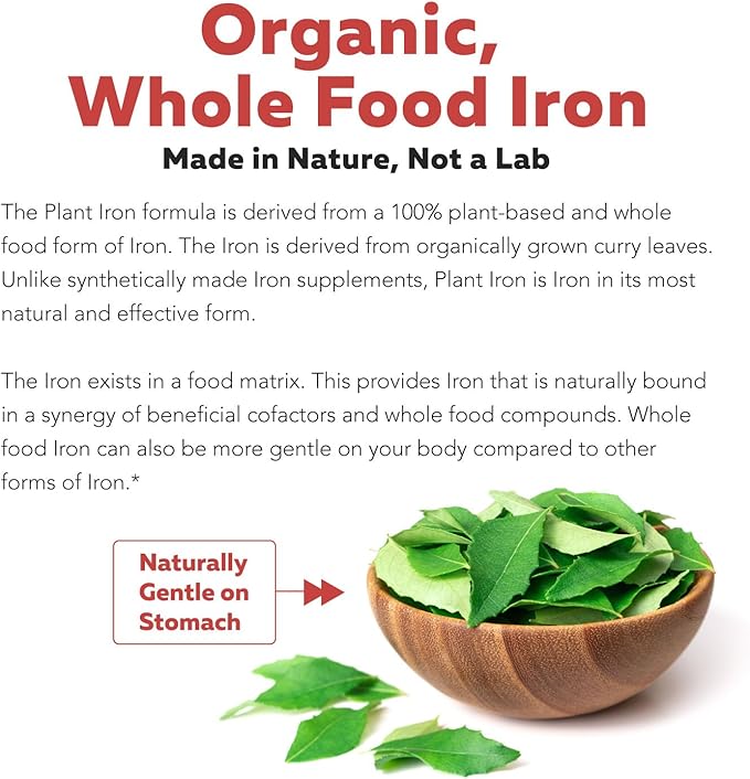 Organic Iron Supplement | Whole Food Iron & Cofactors, 25 mg Elemental Iron | Enhanced Absorption Plus Blood Builder Vitamins - Gentle Form - Support Healthy Iron Level & Blood Health - 90 Capsules