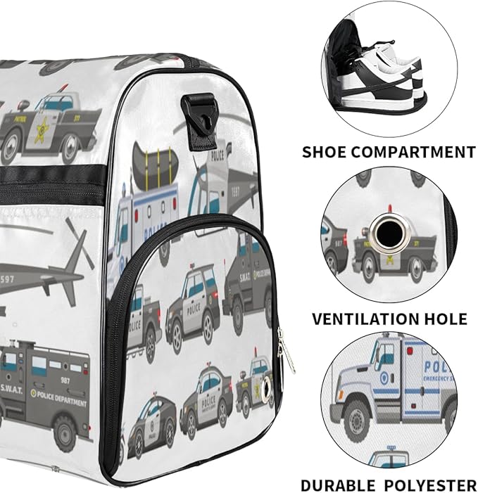 Police Car Dry Wet Depart Duffle Overnight Bag with Shoes Compartment & Wet Pockets, Policeman Motorbike Water Resistant Weekender Travel Gym Pouch For Swim Gymnastics Ballet Sleepovers