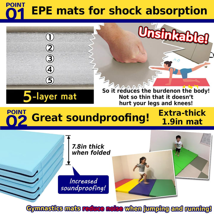 KaRaDaStyle Gymnastics Mat 4-Folding Stretch Mats 71"x31"x2" Exercise Muscle Training Children Play Horizontal Bar Mat Yoga Sports Soundproof Home Use (Blue/4-fold)