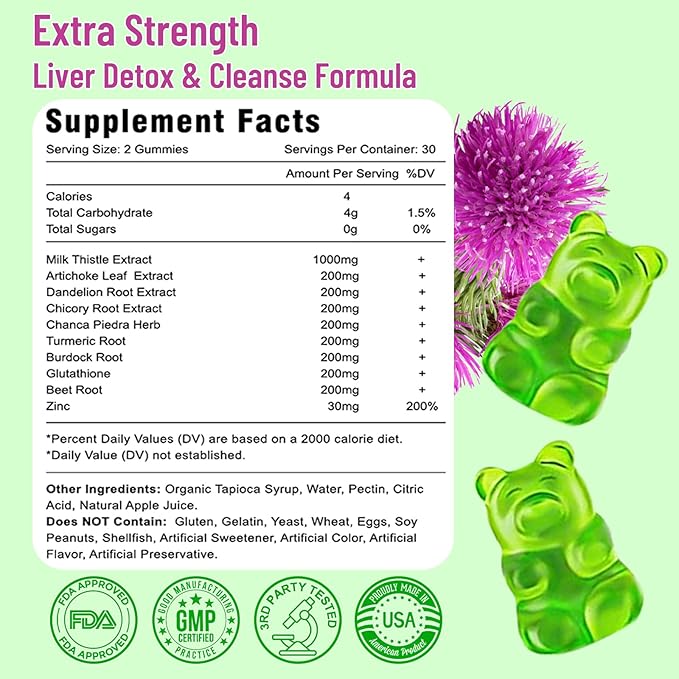 Liver Cleanse Detox Repair Gummies, Milk Thistle Gummies with Artichoke, Dandelion for Liver Support, Vegan & Non-GMO, Gelatin-Free, Apple Flavor 120ct