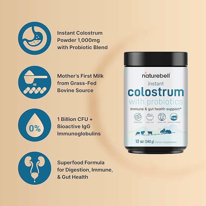 Instant Colostrum Powder 1,000mg with Probiotics, 12oz (340 Servings) | Grass Fed Bovine Source from Mother's First Milk – Bioactive IgG + 1 Billion CFU – Immune & Gut Health Supplement – Unflavored