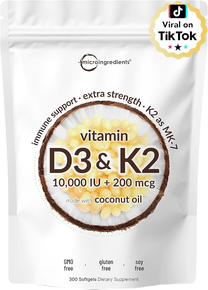 Vitamin D3 10000 iu Plus K2 (MK-7) 200 mcg, 300 Virgin Coconut Oil Softgels| 2 in 1 Vitamins D & K Complex | Supports Calcium Absorption, Bone, Immune, & Heart Health – Easy to Swallow