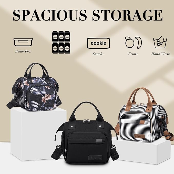 TuErCao Small Lunch Bag Lightweight Insulated Lunch Box for Women Work Portable Soft Cooler for Picnic Travel Road Trips, Loncheras para Mujer, Black