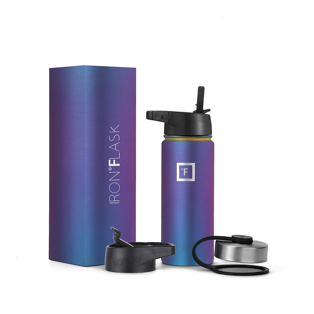 IRON °FLASK Camping & Hiking Hydration Flask, Wide Mouth, 3 Straw Lids, Stainless Steel Outdoor Water Bottle, Double Walled, Insulated Thermos, Metal Canteen - Aurora, 18 Oz