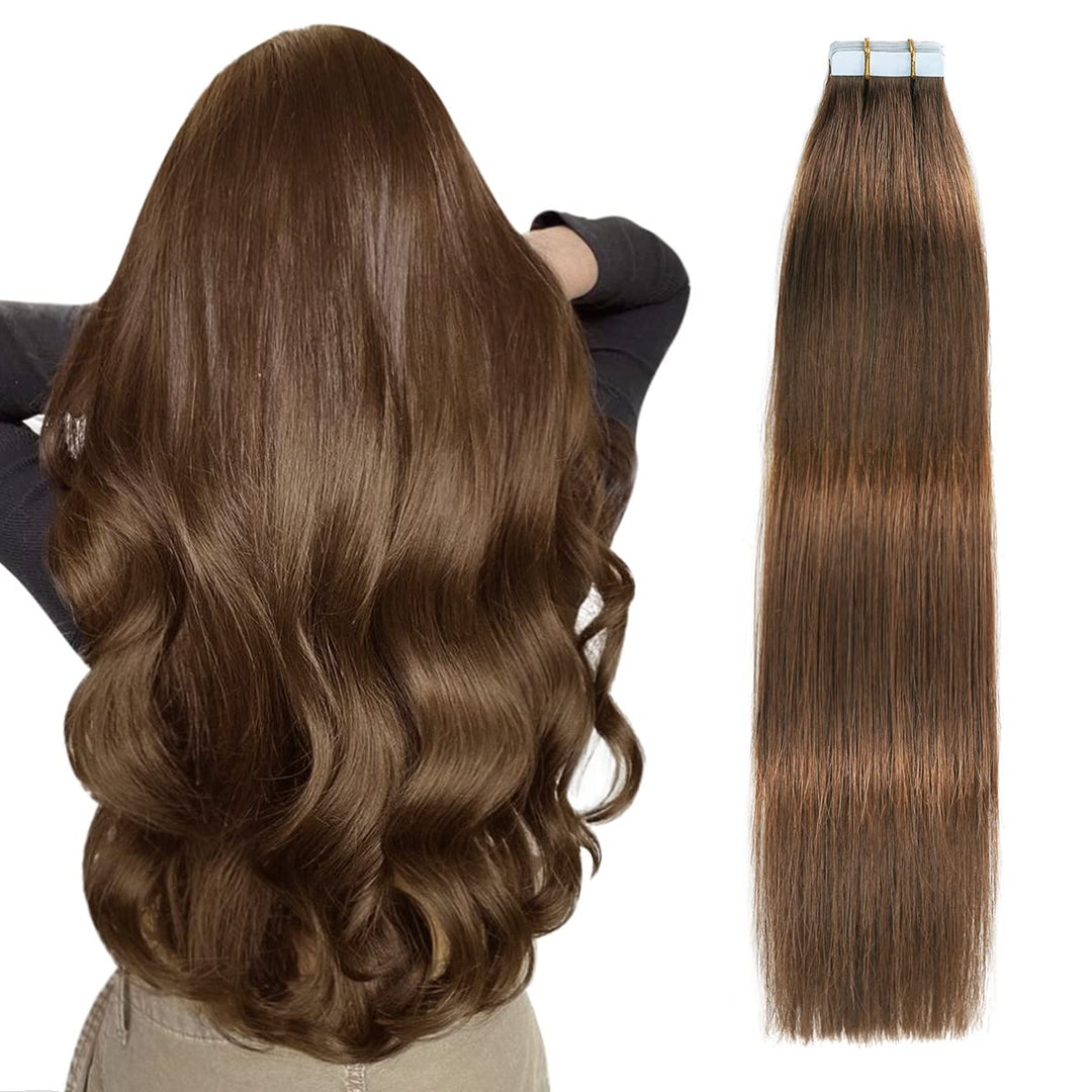 Suyya Tape In Hair Extensions Chocolate Brown 100% Remy Human Hair 16 Inches 20Pcs 40G/Pack Straight Seamless Skin Weft Tape Hai