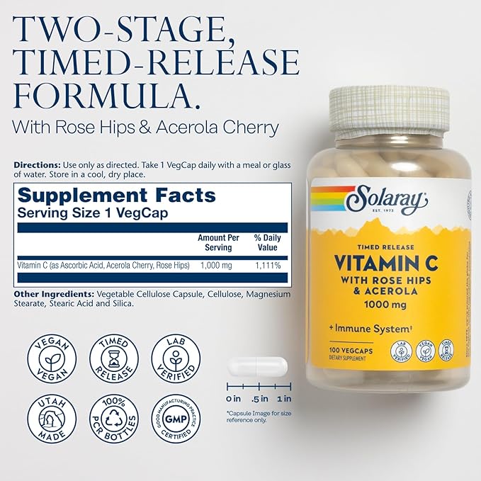 SOLARAY Vitamin C 1000mg - Time Release Vitamin C Capsules w/Rose HIPS and Acerola for Bioflavonoid Support - Two-Stage, All-Day Immune Support - Vegan, 60 Day Guarantee, 100 Servings, 100 VegCaps